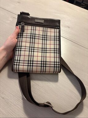 Burberry Beige Black‎ Red Plaid Messenger Bag with Brown Strap